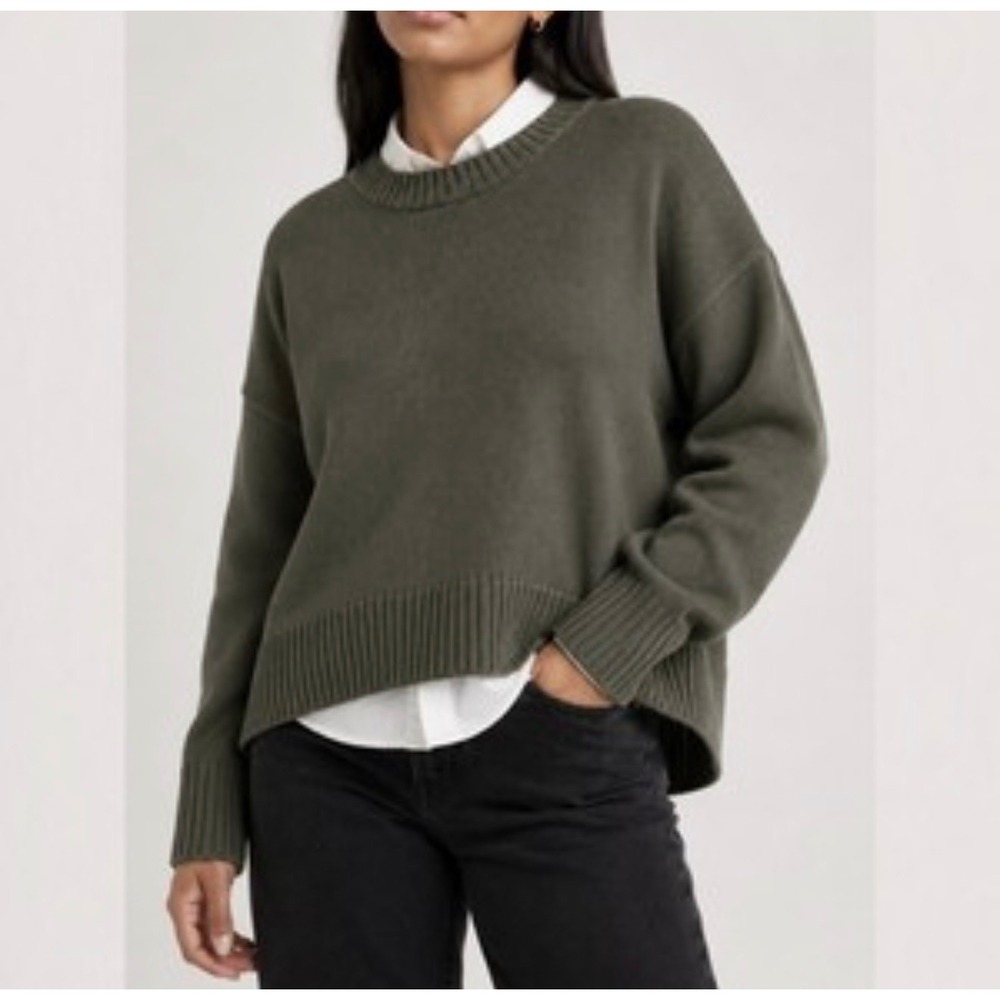 Quince Women Large Boyfriend Crew Sweater Dark Olive Organic Cotton Oversized